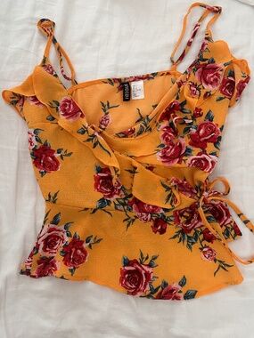 H&M Mustard Yellow Floral Wrap Top